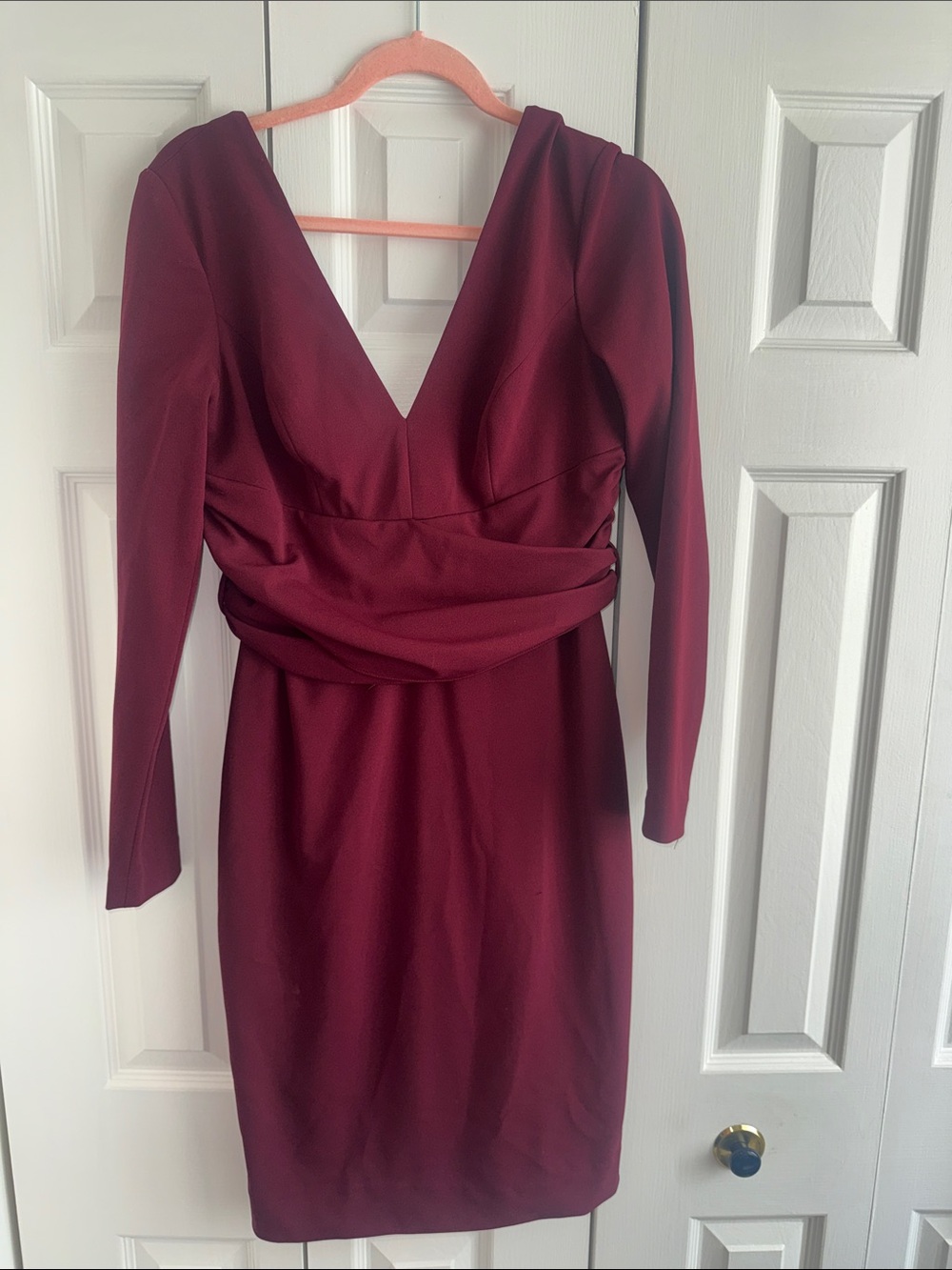 Dress the Population Long-Sleeve V-Neck Draped Waist Midi Dress in Burgundy